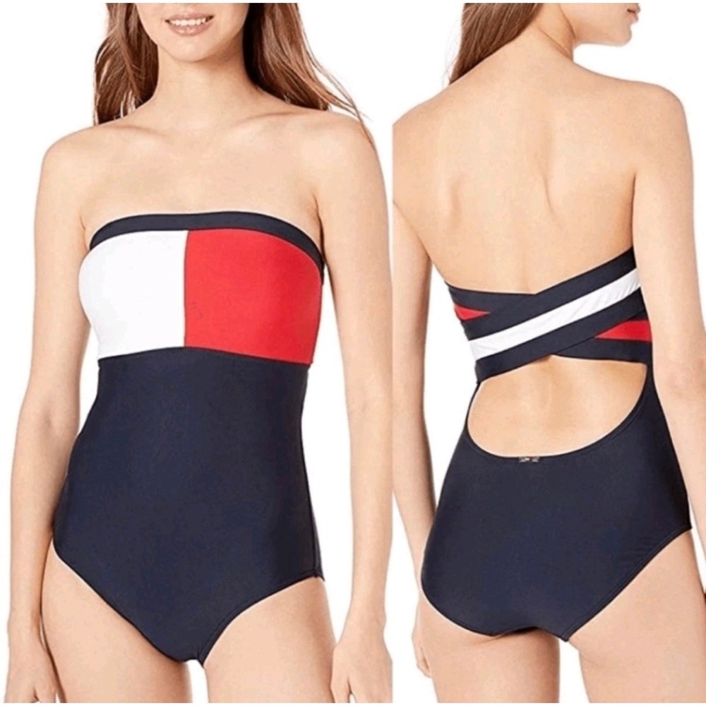 Tommy Hilfiger Womens Colorblock Bandeau One Piece Swimsuit Navy Red White 12